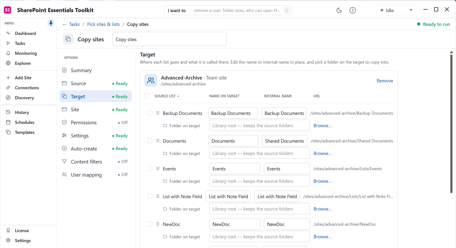 SharePoint migration site mapping: source lists mapped to target names and URLs