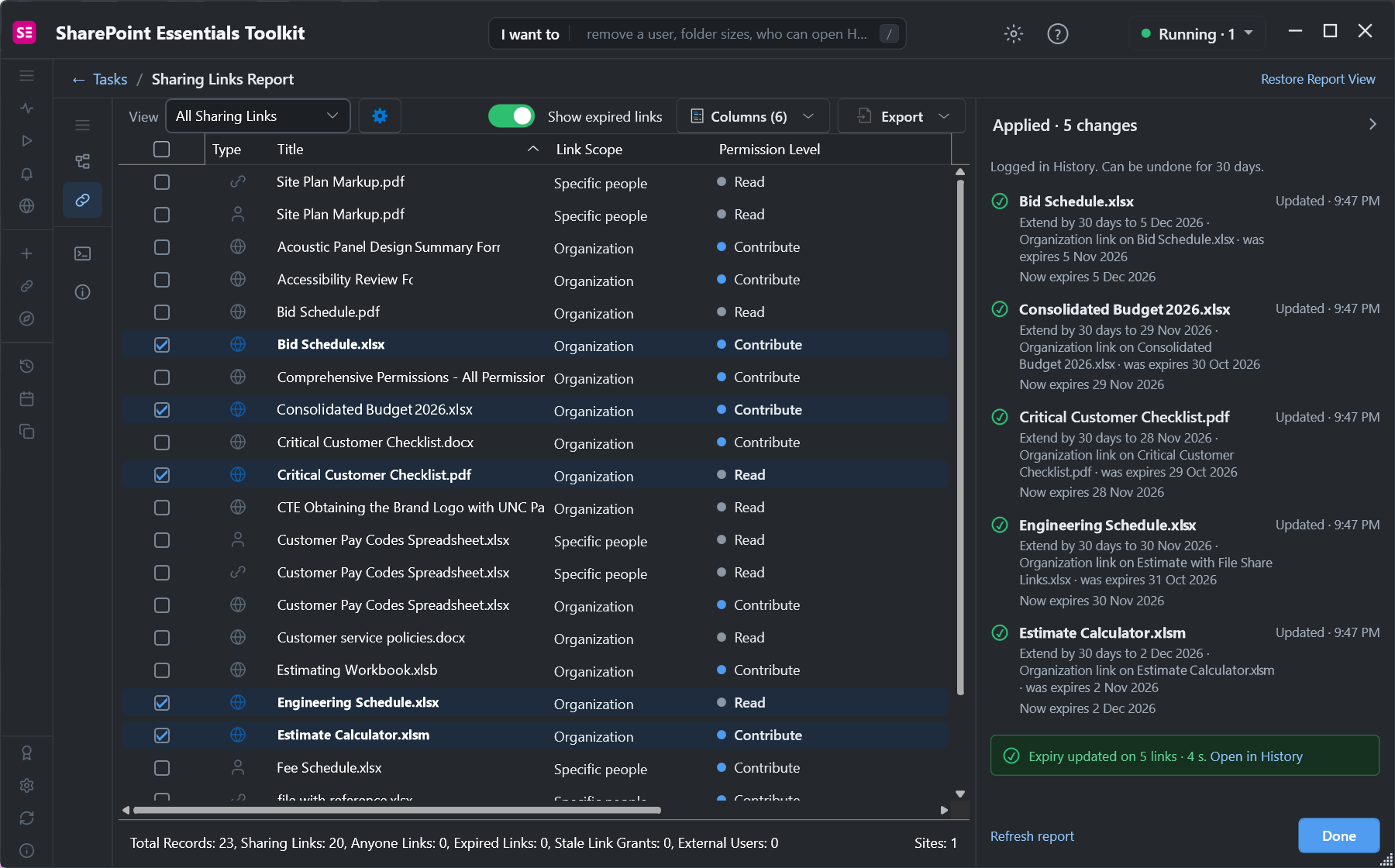 Expiry updated on five SharePoint sharing links in four seconds
