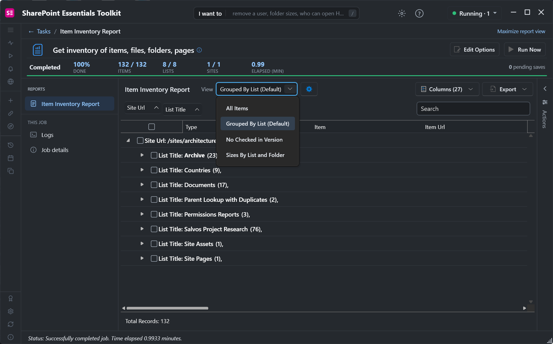 Item inventory report views: All Items, Grouped By List, No Checked in Version, Sizes By List and Folder