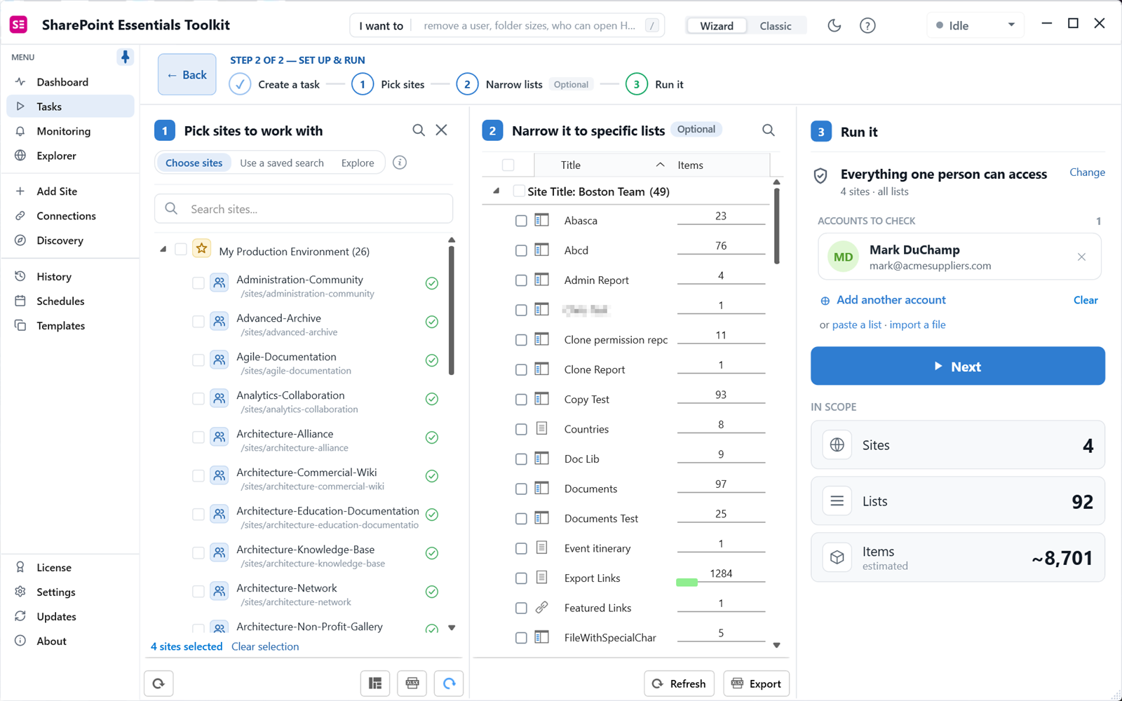 Check user permissions in SharePoint: picking sites and an external account to check