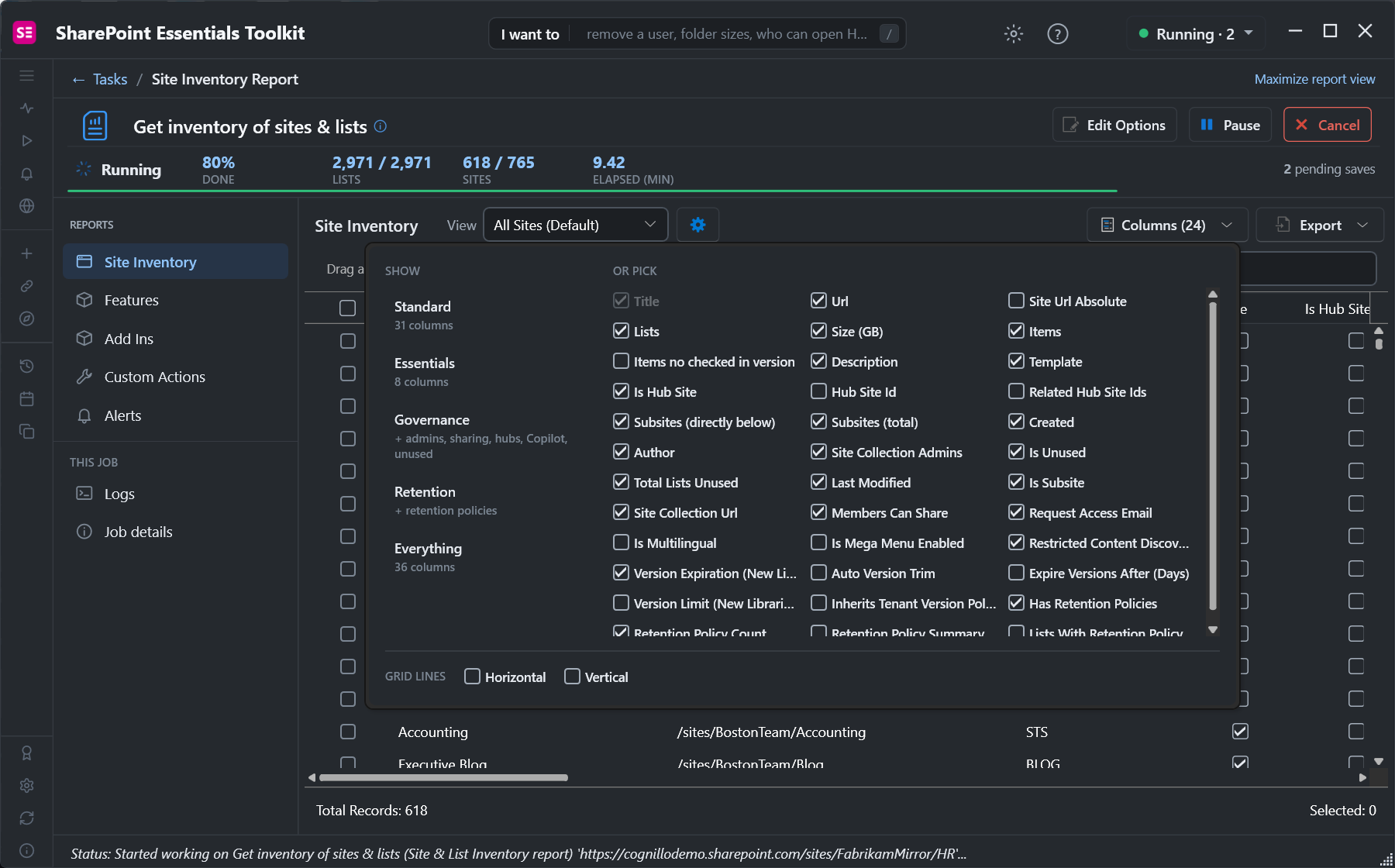 Site Inventory column picker with presets Standard, Essentials, Governance, Retention and Everything, and columns such as Size (GB), Site Collection Admins, Members Can Share, Version Expiration and Has Retention Policies