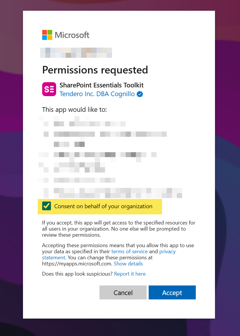 Microsoft consent page with Consent on behalf of your organization selected