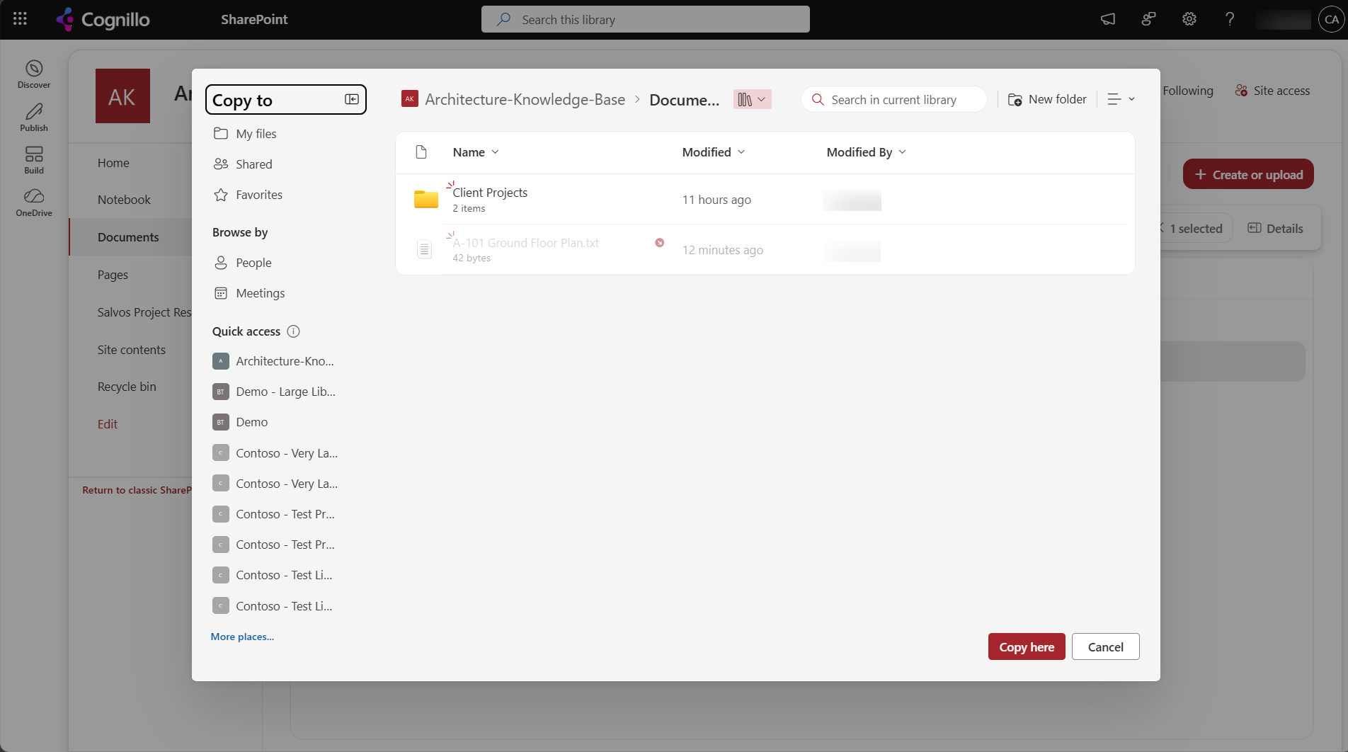 Copy to dialog with Quick access sites and the Copy here button