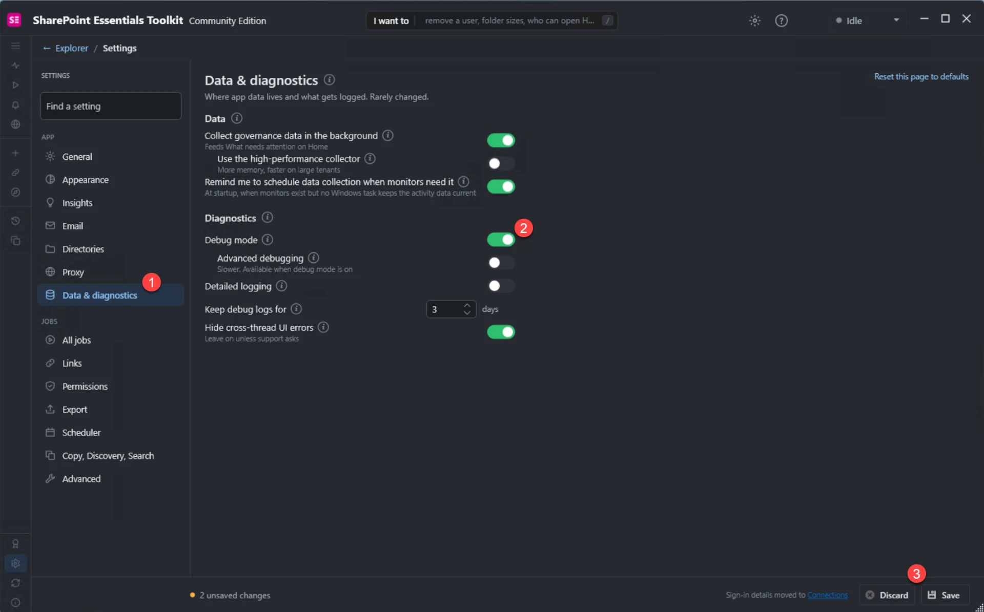 Settings: select Data and diagnostics, enable Debug mode, then click Save — markers 1, 2 and 3.