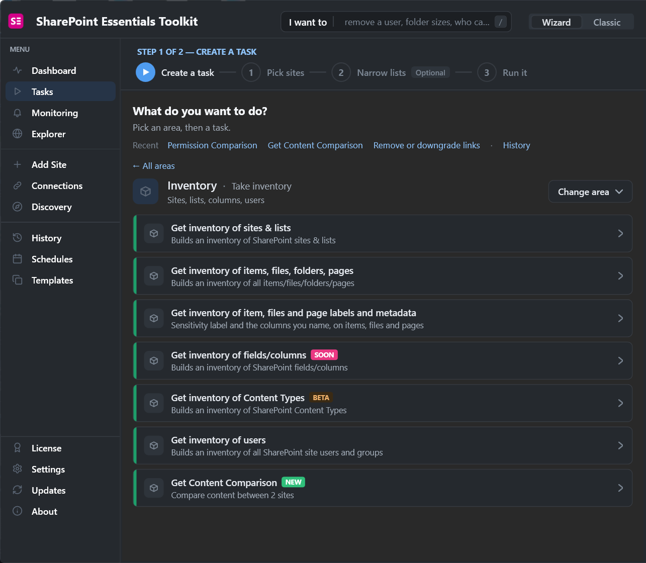 Inventory tasks in SharePoint Essentials Toolkit: inventory of sites and lists, items files folders and pages, labels and metadata, users