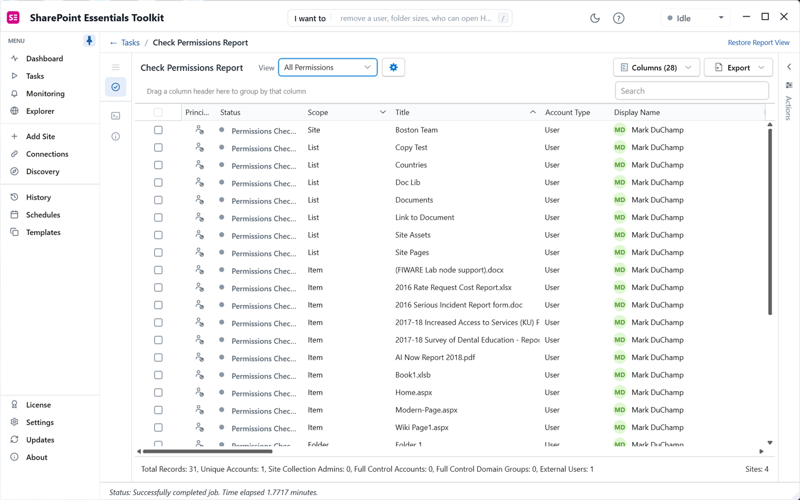 SharePoint user access report listing every site, list and item one external user can access