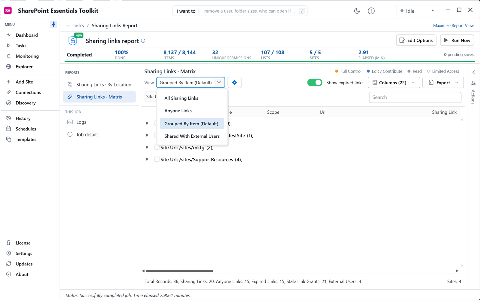 Sharing links report views: All Sharing Links, Anyone Links, Grouped By Item, Shared With External Users