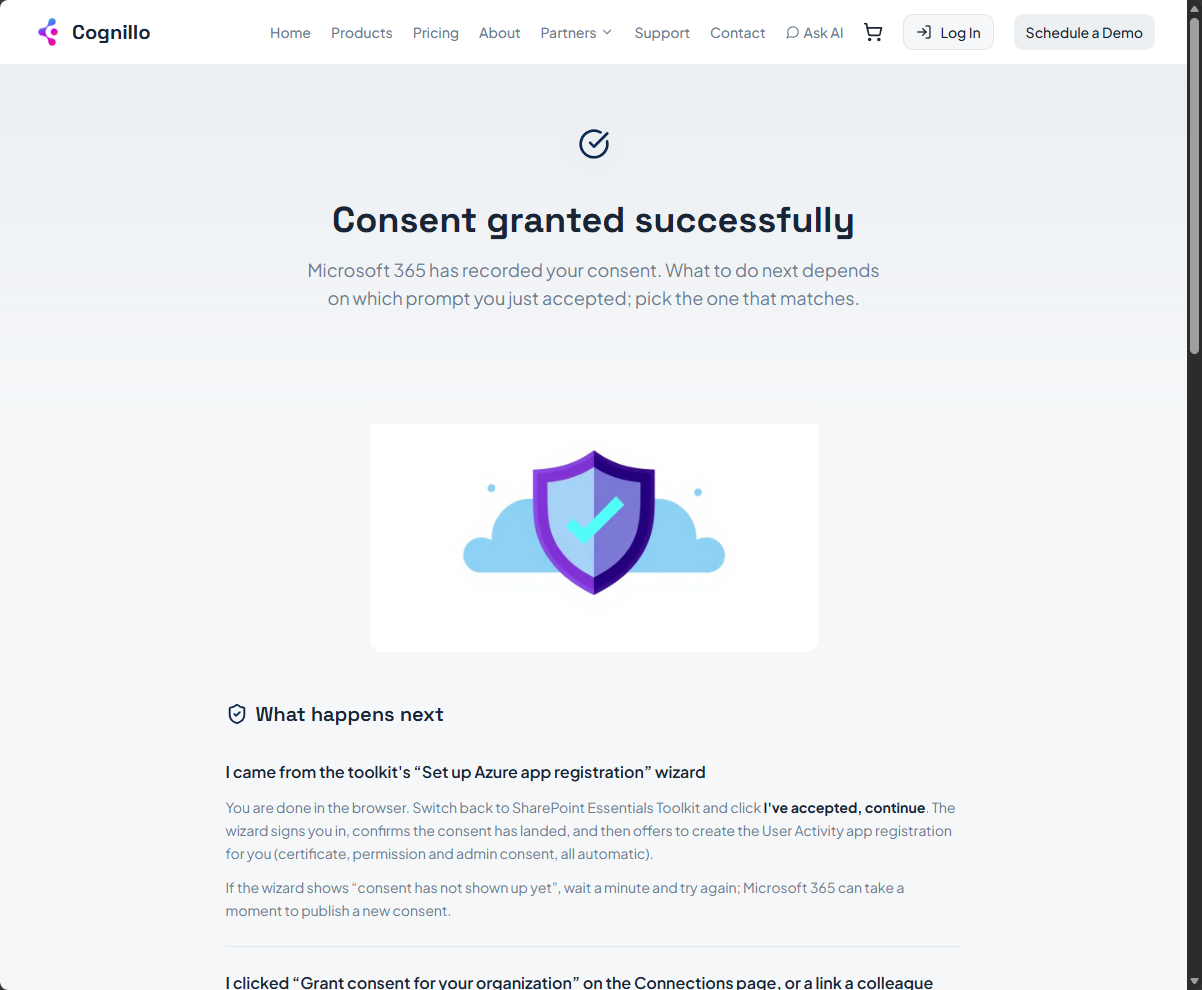 Cognillo confirmation page after organization consent has been granted
