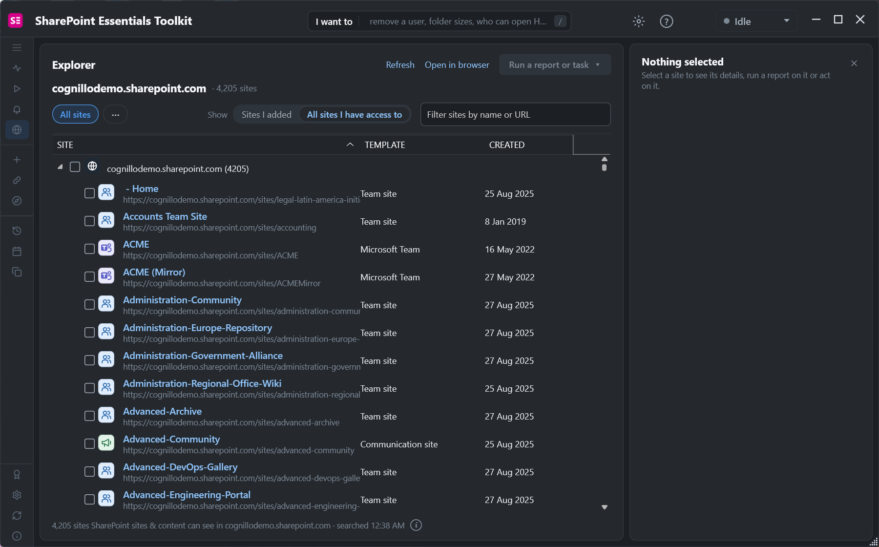 SharePoint Essentials Toolkit Explorer listing 4,205 sites in the tenant with template (Team site, Microsoft Team, Communication site) and created date