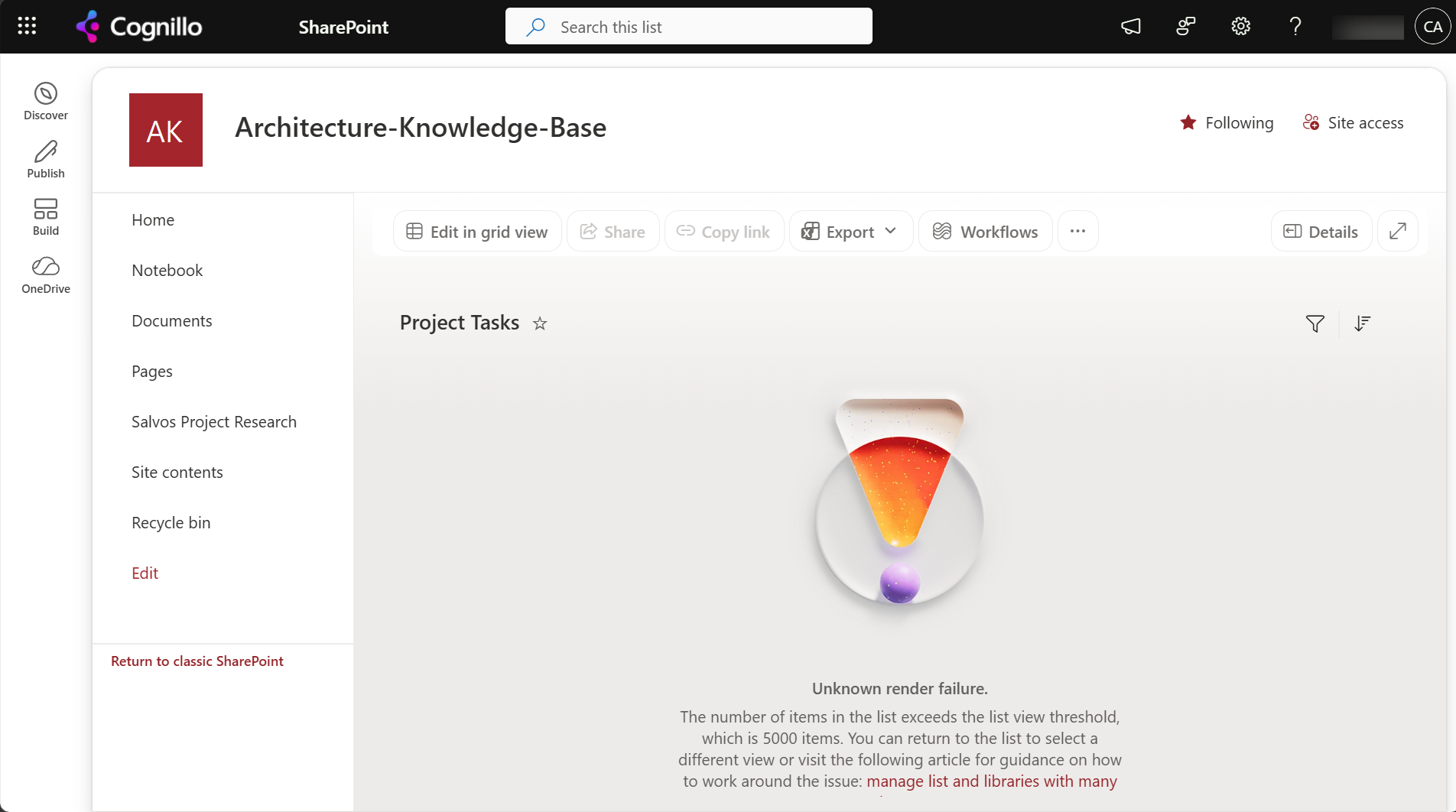 Project Tasks By region view showing Unknown render failure: the number of items in the list exceeds the list view threshold, which is 5000 items