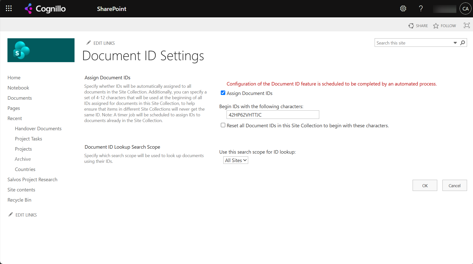 Document ID Settings: Configuration of the Document ID feature is scheduled to be completed by an automated process, Assign Document IDs ticked, prefix 42HP62VHTTJC
