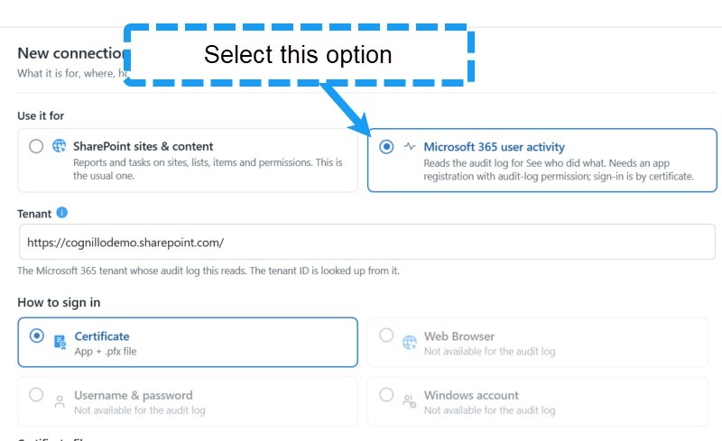 2027 Microsoft 365 user activity connection option with certificate authentication selected