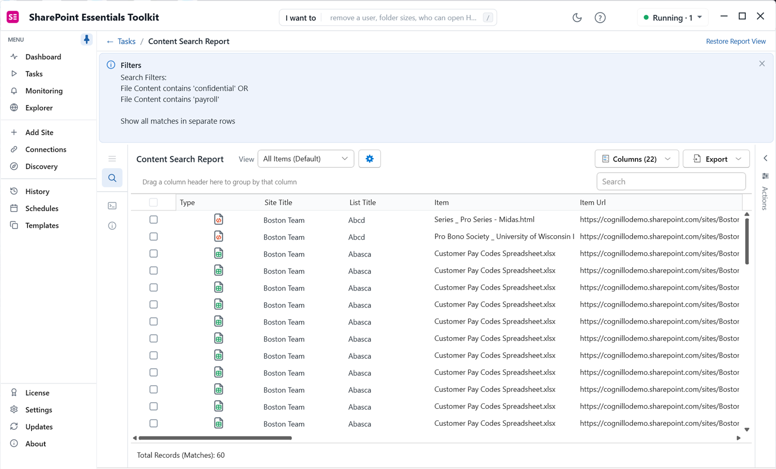 Search all SharePoint sites results: files containing confidential or payroll with site, list and URL