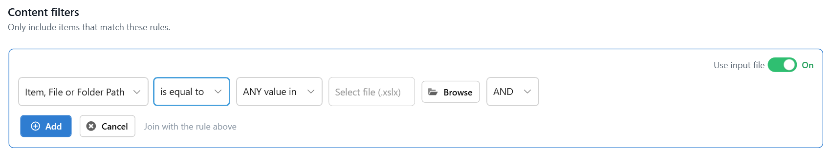 Content filter using an Excel input file of item paths