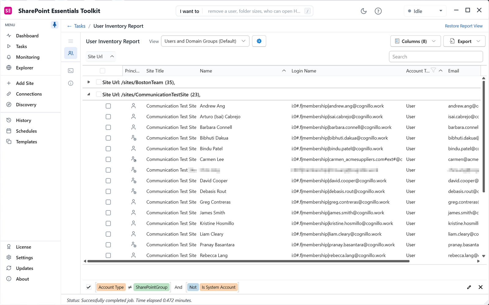 SharePoint users and domain groups inventory by site, including guest accounts