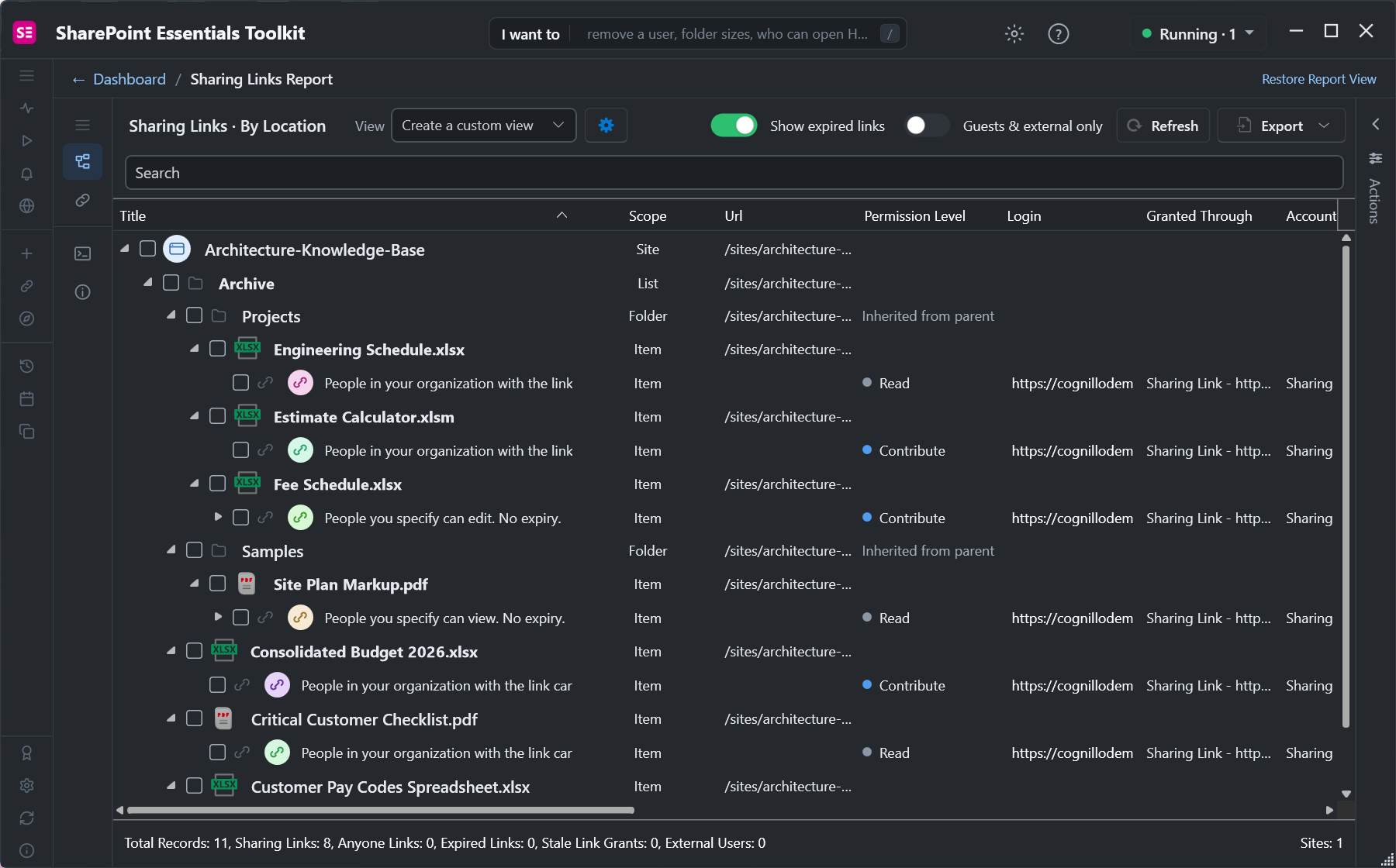 Sharing links report By Location view: remaining SharePoint sharing links grouped under the site, library, folders and files
