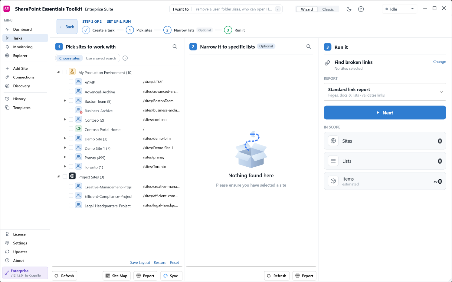 Pick sites on the Tasks page showing the new Project Sites group with three sites
