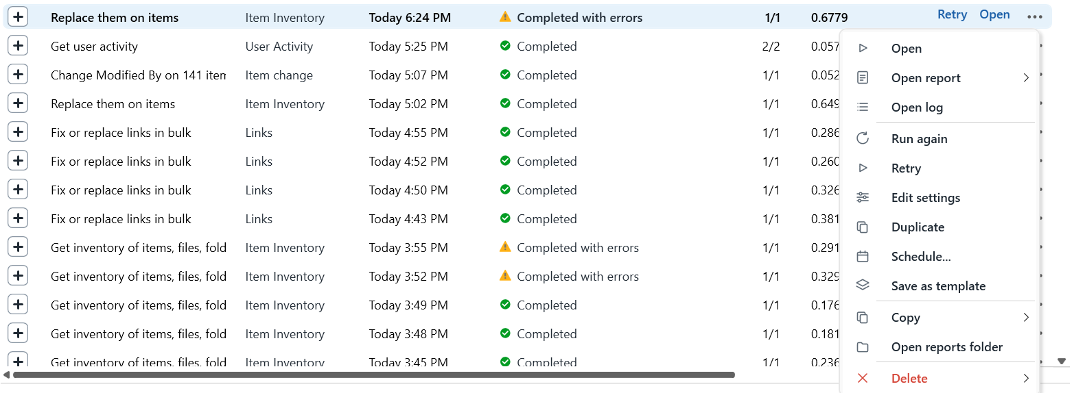 History row menu with run, edit, duplicate and template options