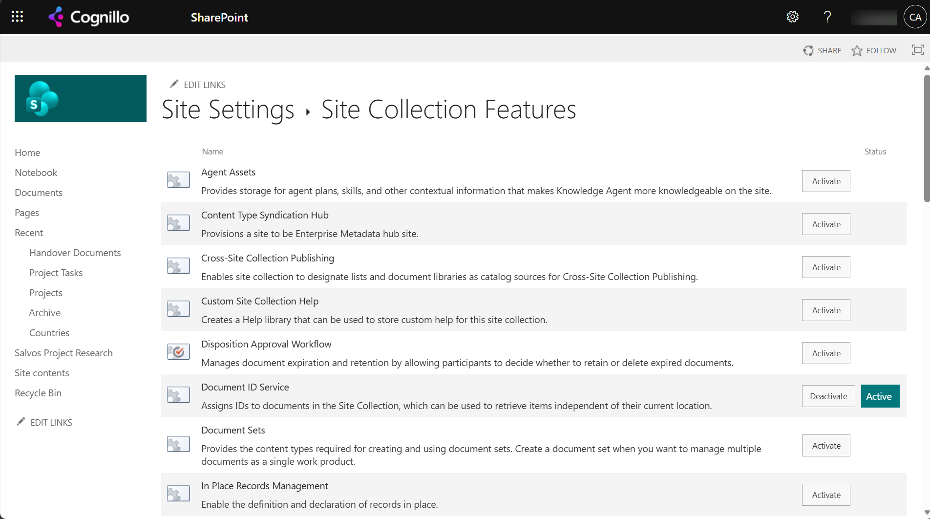 Site Collection Features page with Document ID Service shown as Active