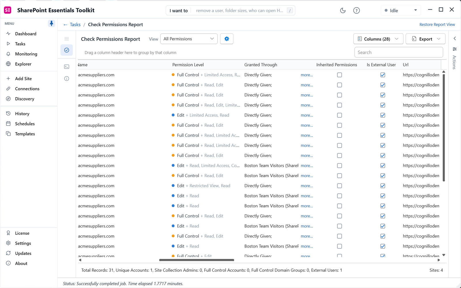 SharePoint check user permissions results showing Full Control directly given to an external user