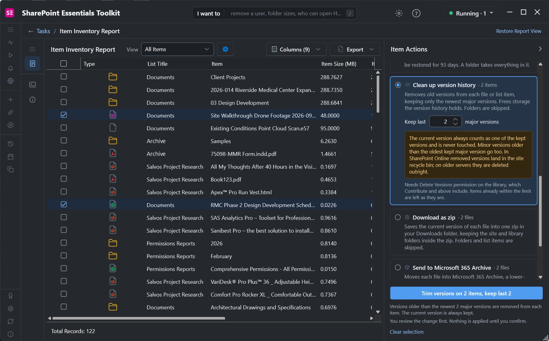 Item Actions panel: Clean up version history on two items, keep last 2 major versions