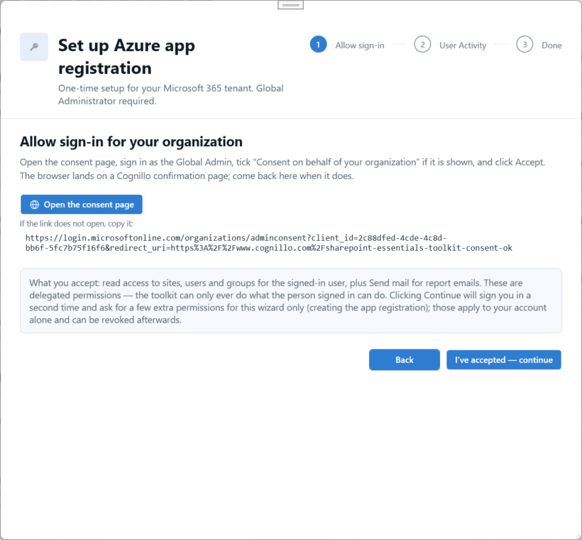Allow sign-in wizard step with the I’ve accepted, continue button