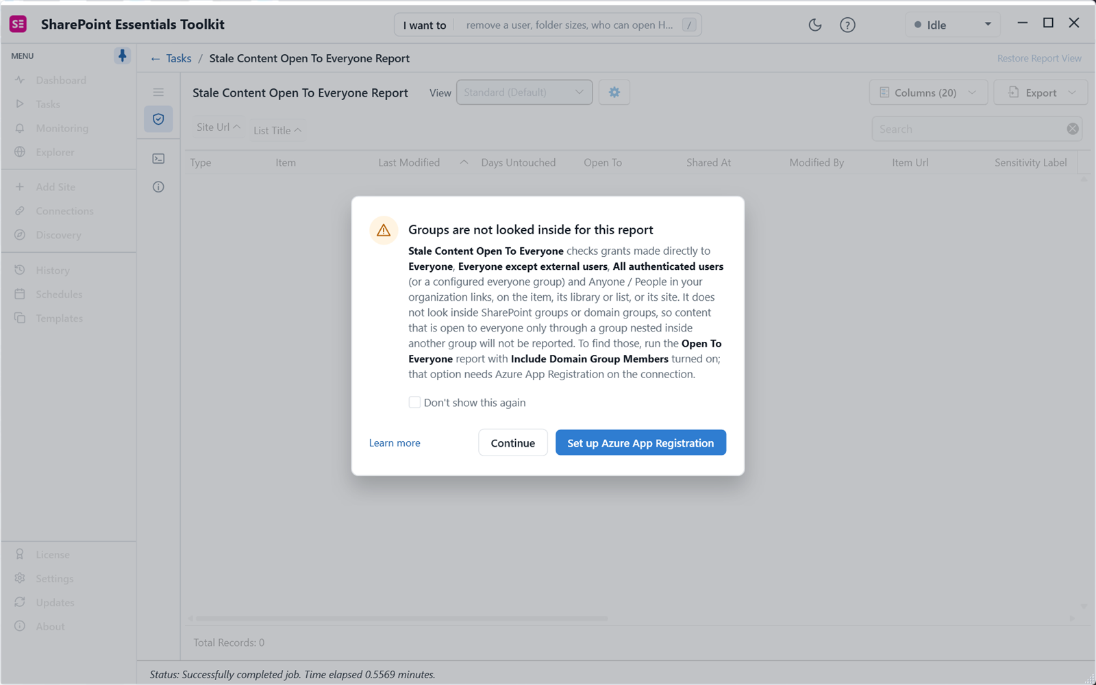 Warning that groups are not looked inside for a SharePoint report, with the option to set up Azure app registration