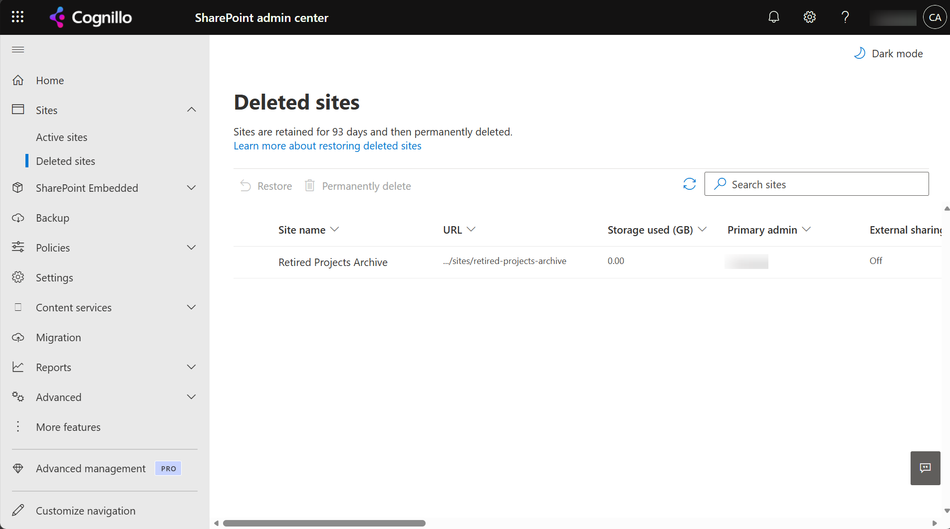 SharePoint admin center Deleted sites: Sites are retained for 93 days and then permanently deleted. Retired Projects Archive, /sites/retired-projects-archive, 0.00 GB