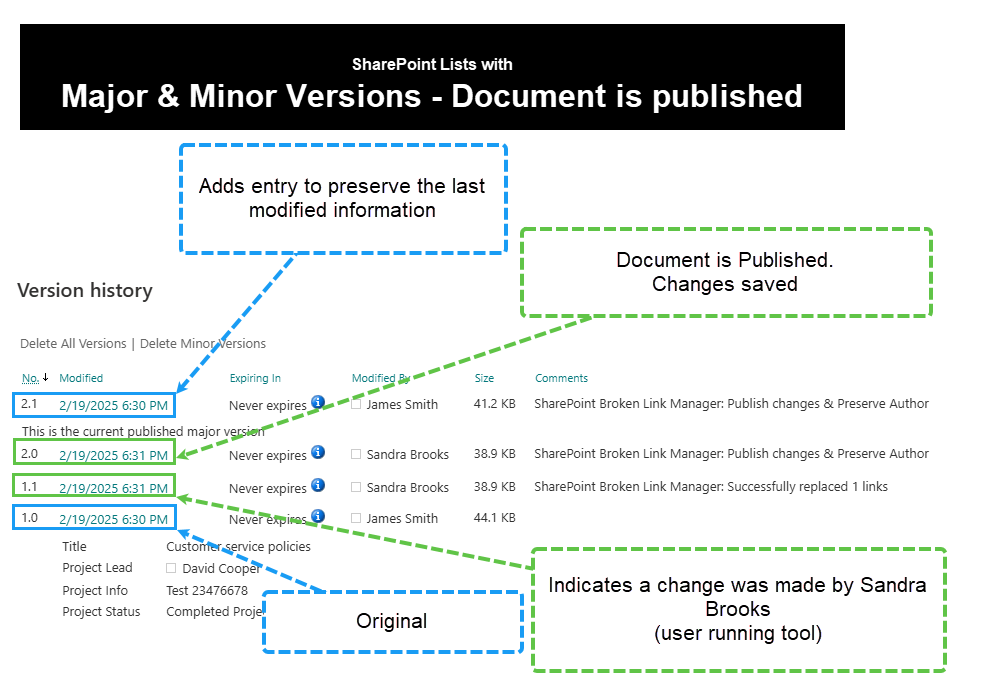 Published document version history: original 1.0, replacement draft 1.1, published version 2.0 by Sandra Brooks, and Preserve Author draft 2.1 restoring James Smith and the original timestamp