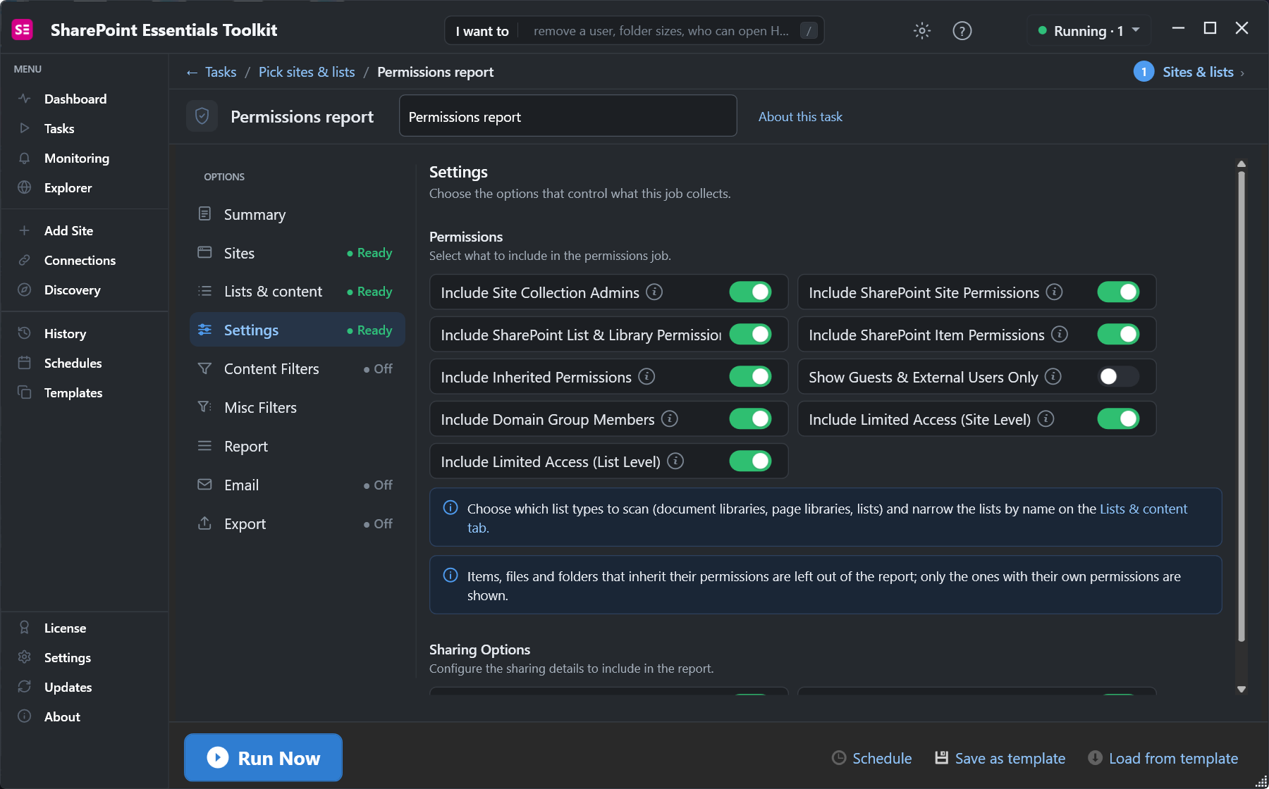 Permissions report settings with Include Limited Access site level and list level turned on