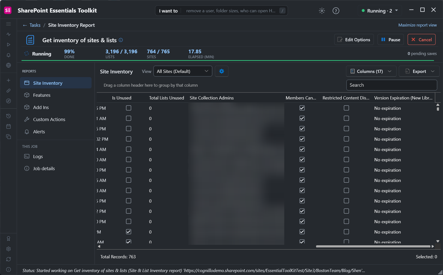 Site Inventory with Is Unused, Total Lists Unused, Site Collection Admins, Members Can Share, Restricted Content Discovery and Version Expiration columns
