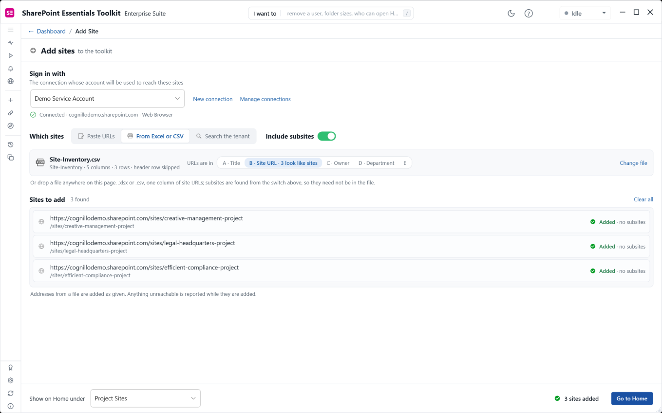 Three sites successfully added to the new Project Sites group