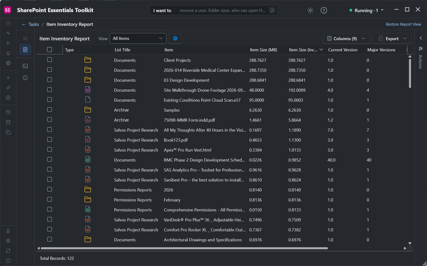 Item inventory sorted by item size including all versions: folders, a 48 MB drone video using 192 MB with versions, a 95 MB point cloud scan
