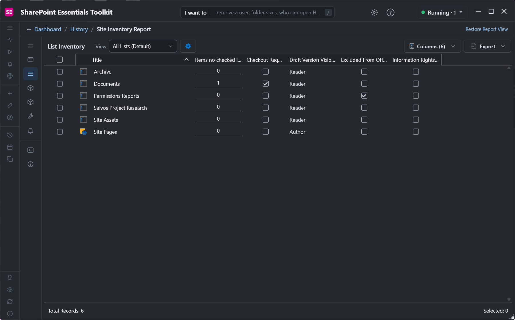 List inventory showing Permissions Reports excluded from offline clients and Documents with Checkout Required