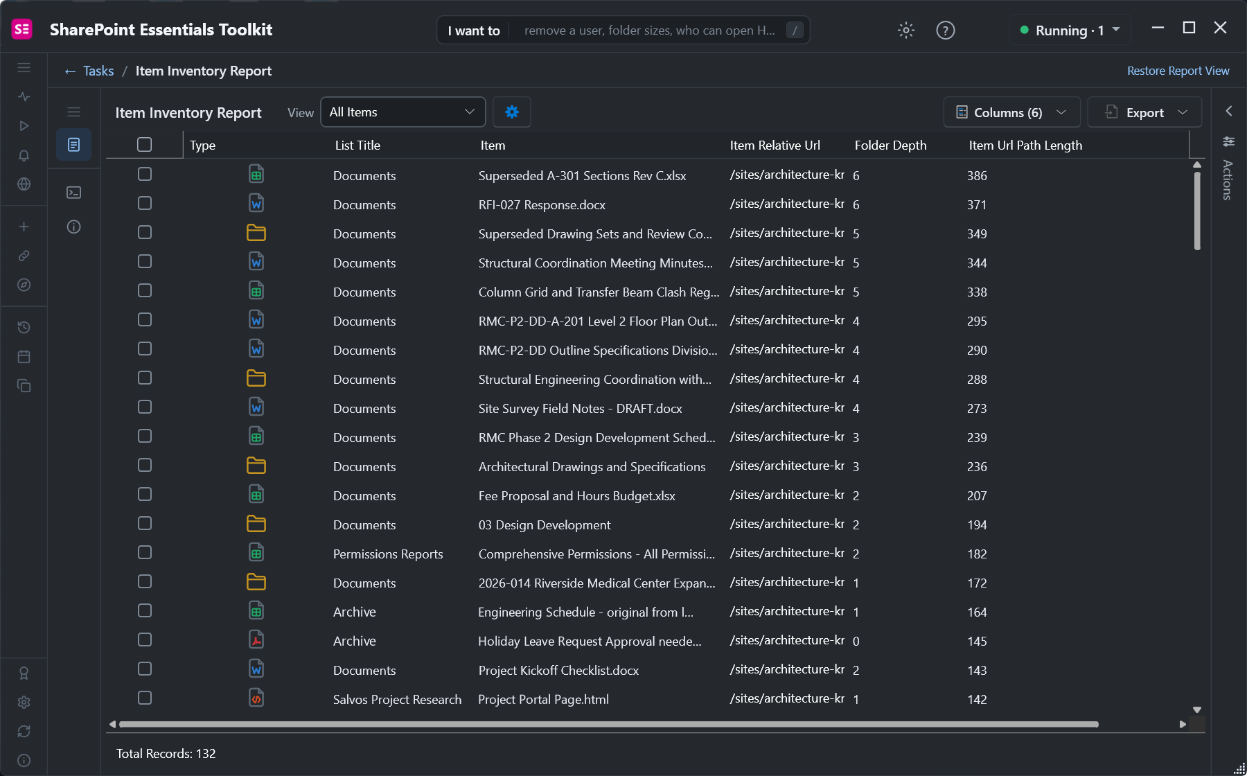 Item inventory sorted by Item Url Path Length, longest 386 characters at folder depth 6