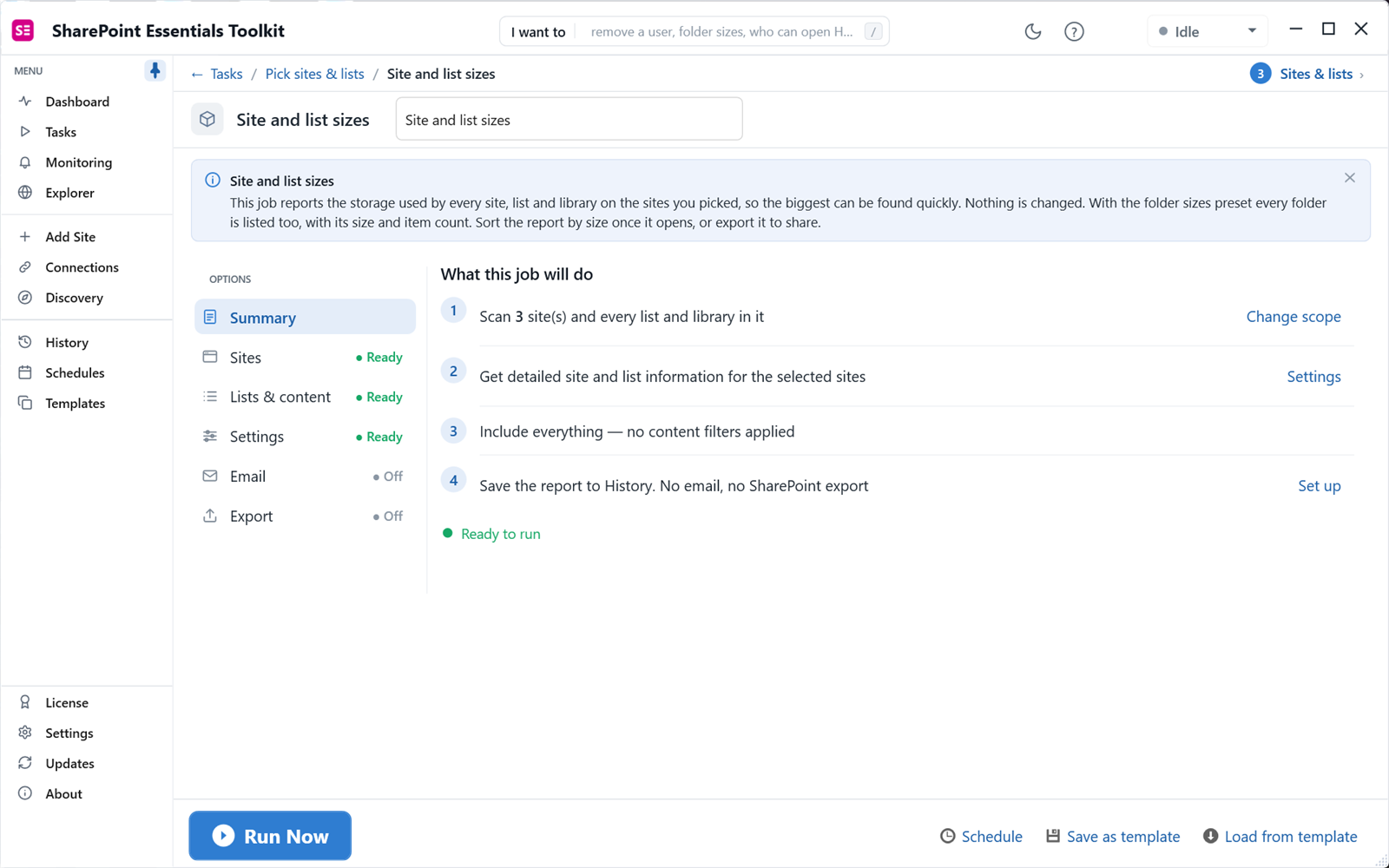 SharePoint storage report by site: Site and list sizes job summary