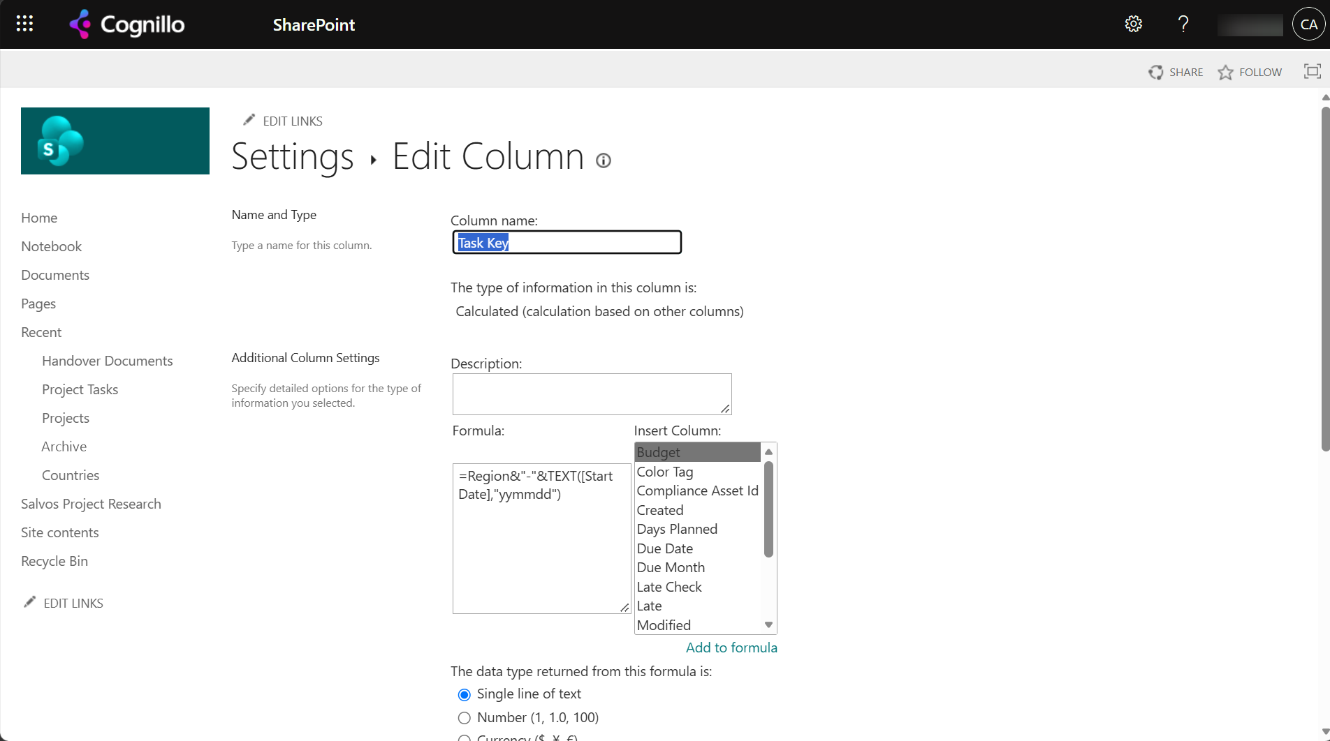 Edit Column page for Task Key, a calculated column with formula =Region&"-"&TEXT([Start Date],"yymmdd") returning a single line of text