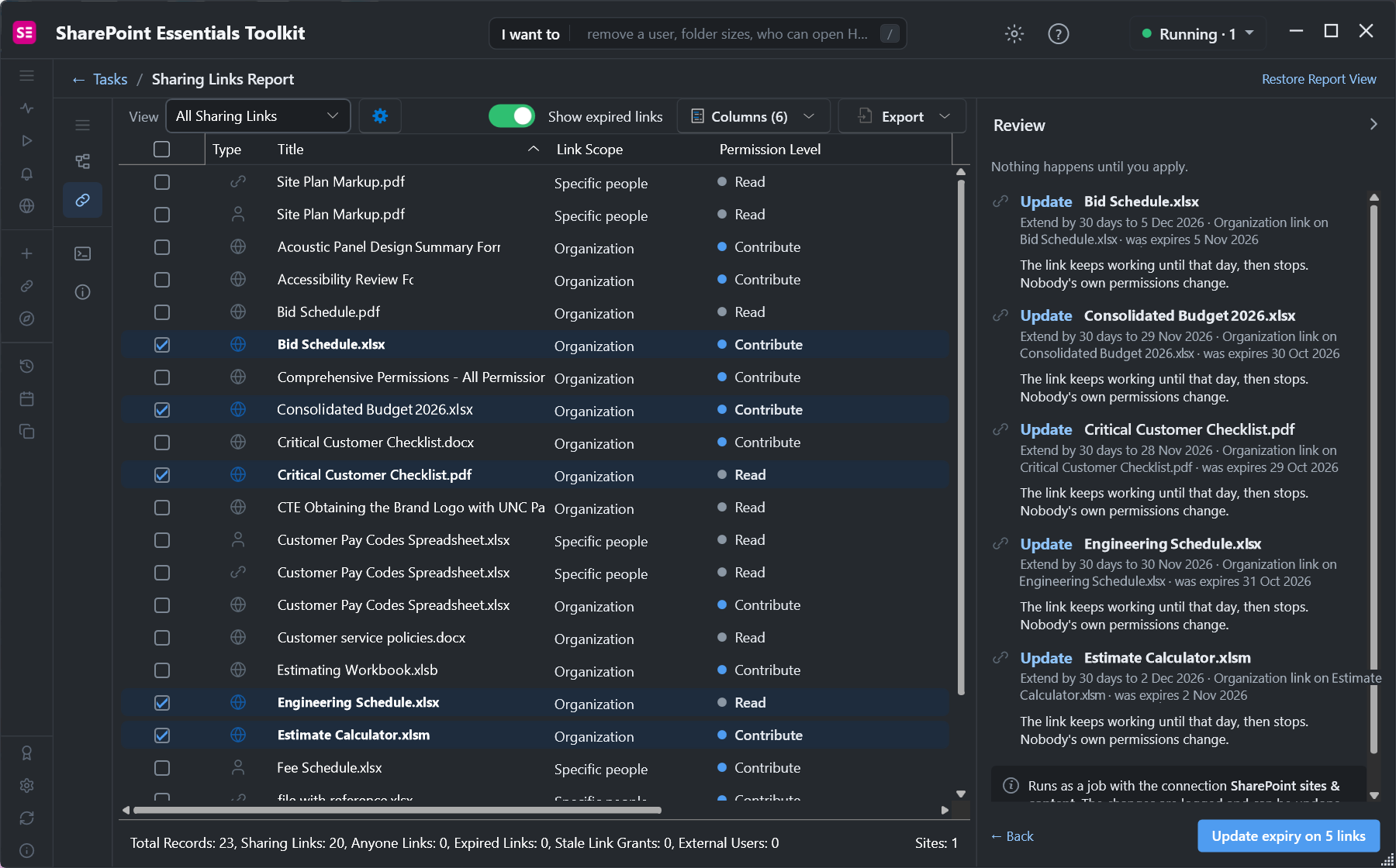 Review of five sharing link expiry changes with the old and new expiry dates
