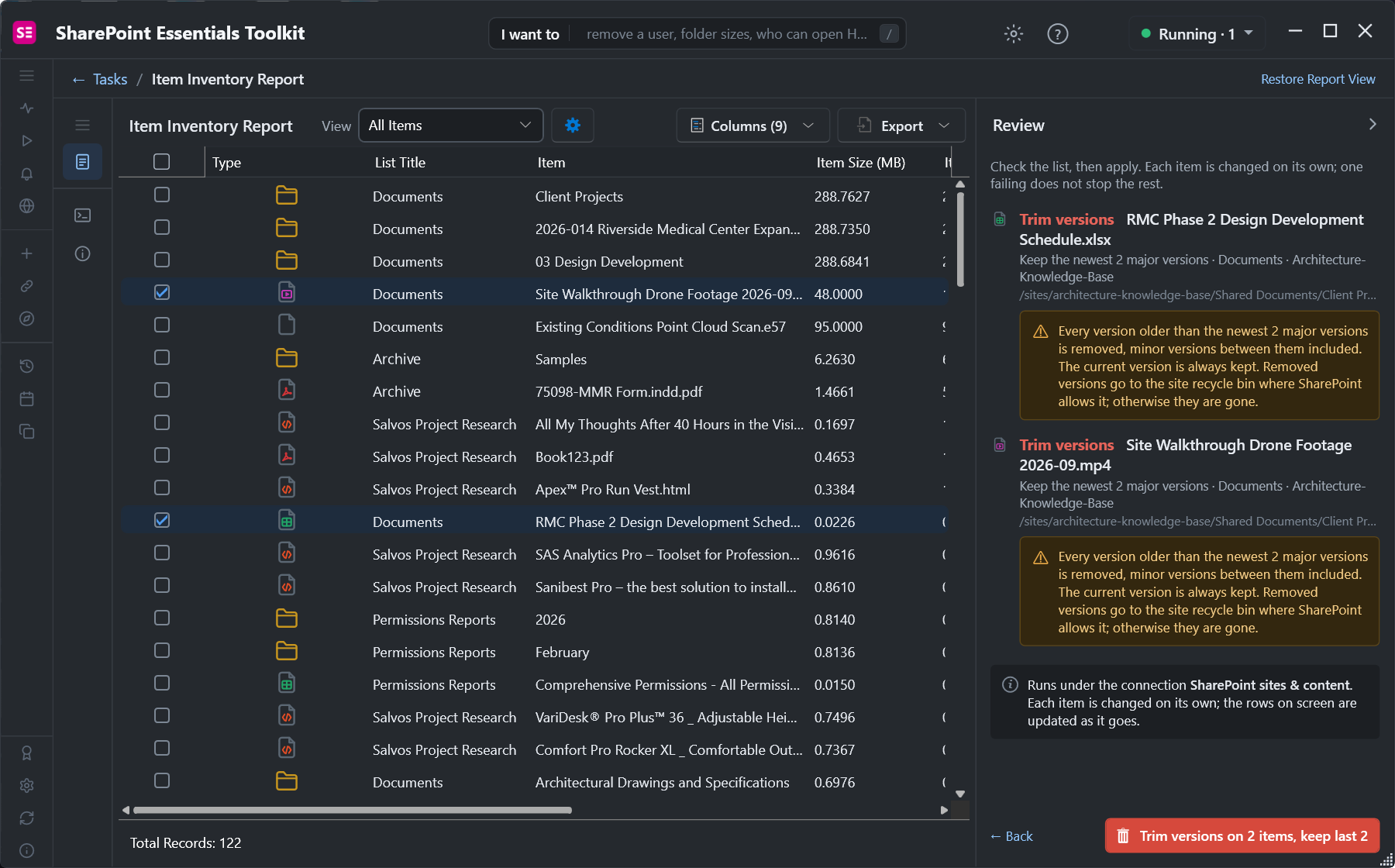 Review of two trim versions changes, each keeping the newest 2 major versions with removed versions going to the site recycle bin