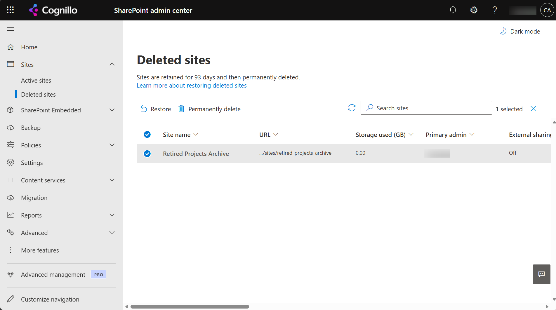 Deleted sites with Retired Projects Archive selected and the Restore and Permanently delete commands enabled