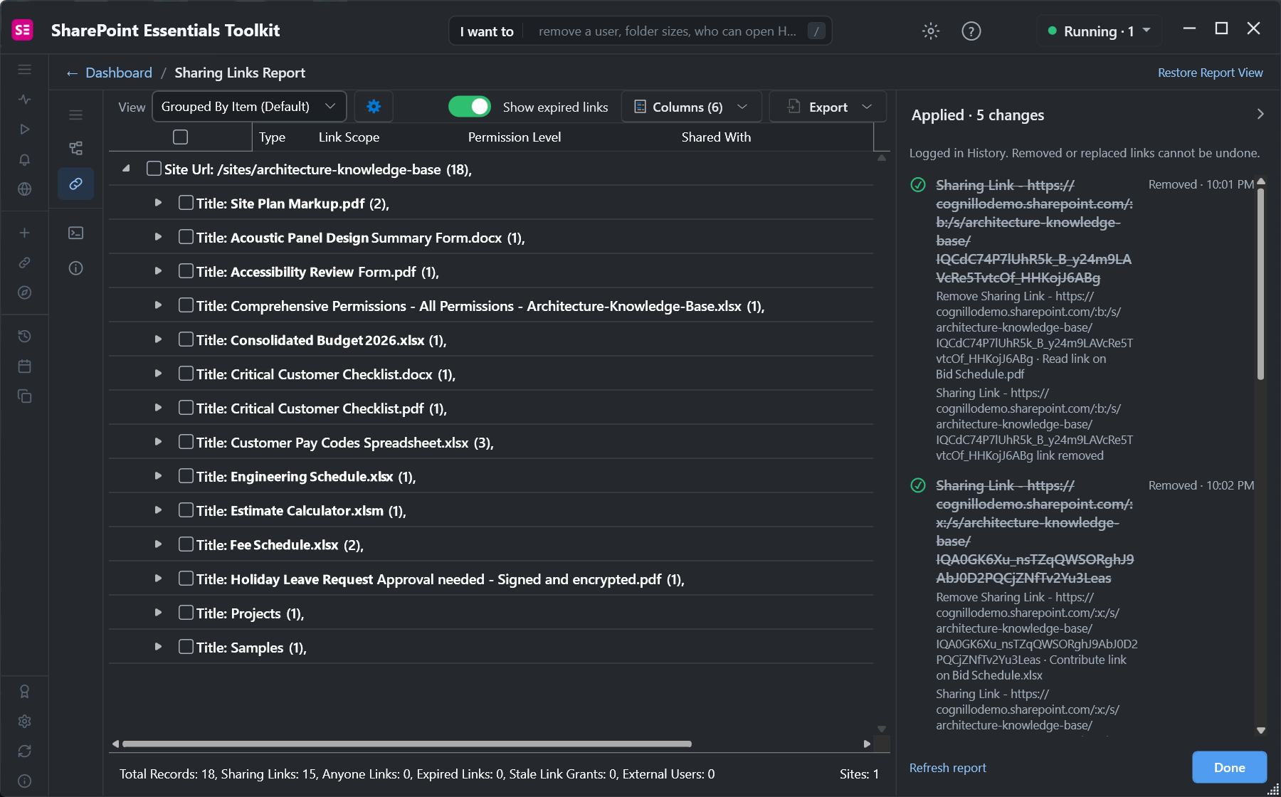 Five SharePoint sharing links removed; the report footer drops from 20 to 15 sharing links
