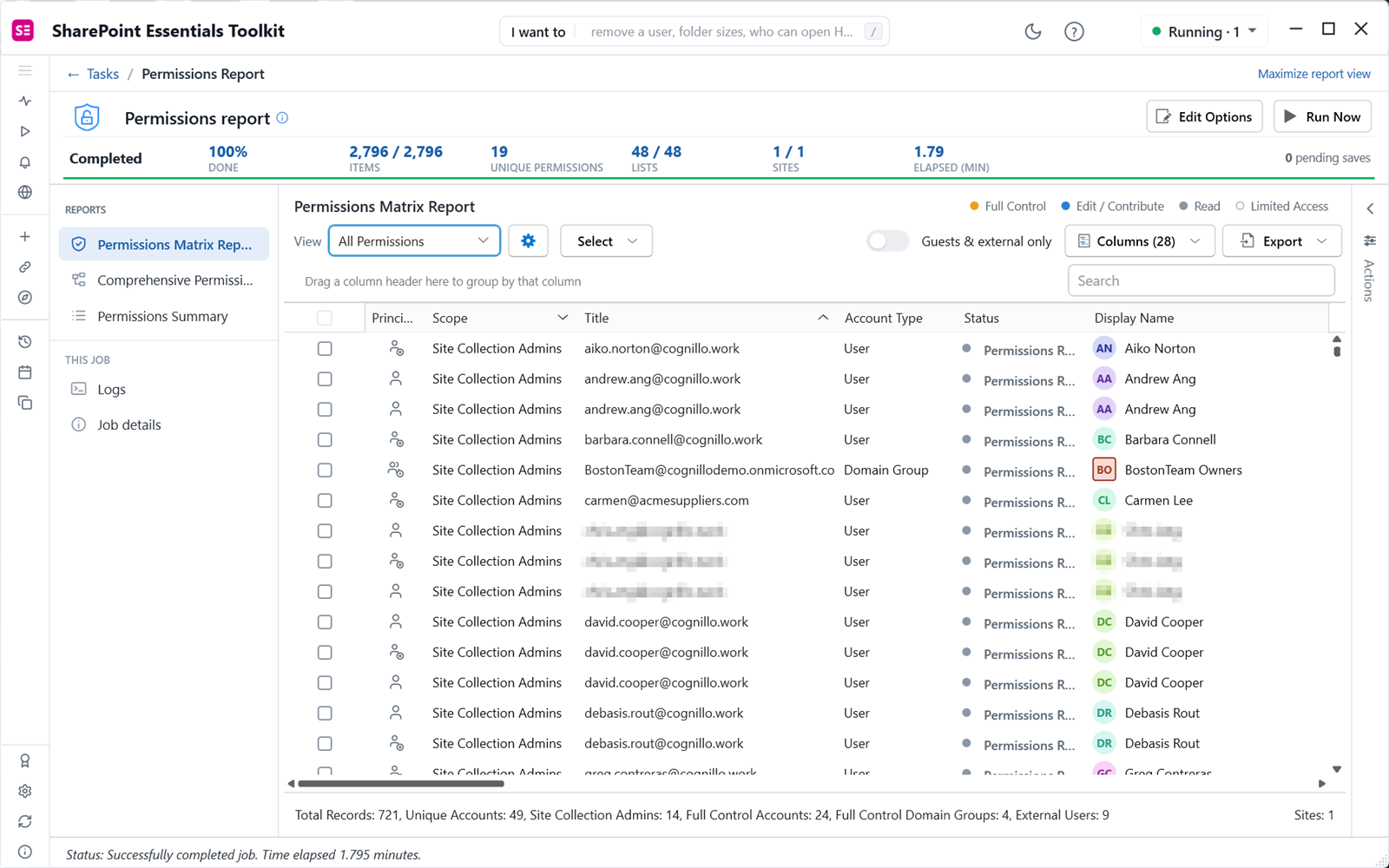 All Permissions view of a SharePoint permissions report showing principal, scope, title and account type