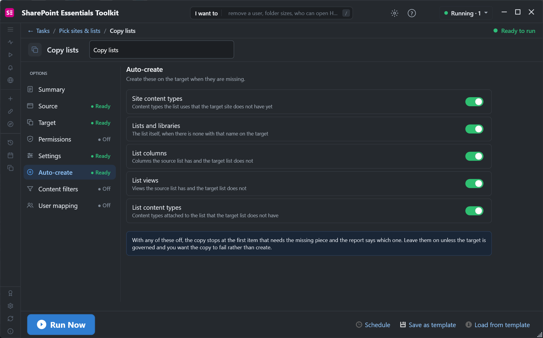 Copy lists Auto-create options: site content types, lists and libraries, list columns, list views and list content types