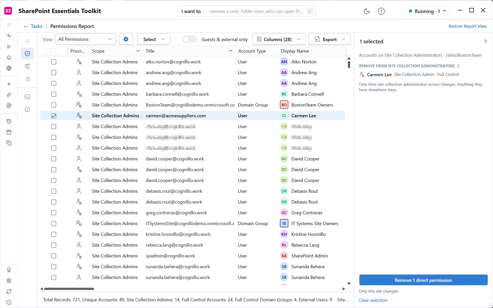 Removing an external user from SharePoint site collection administrators using the actions panel