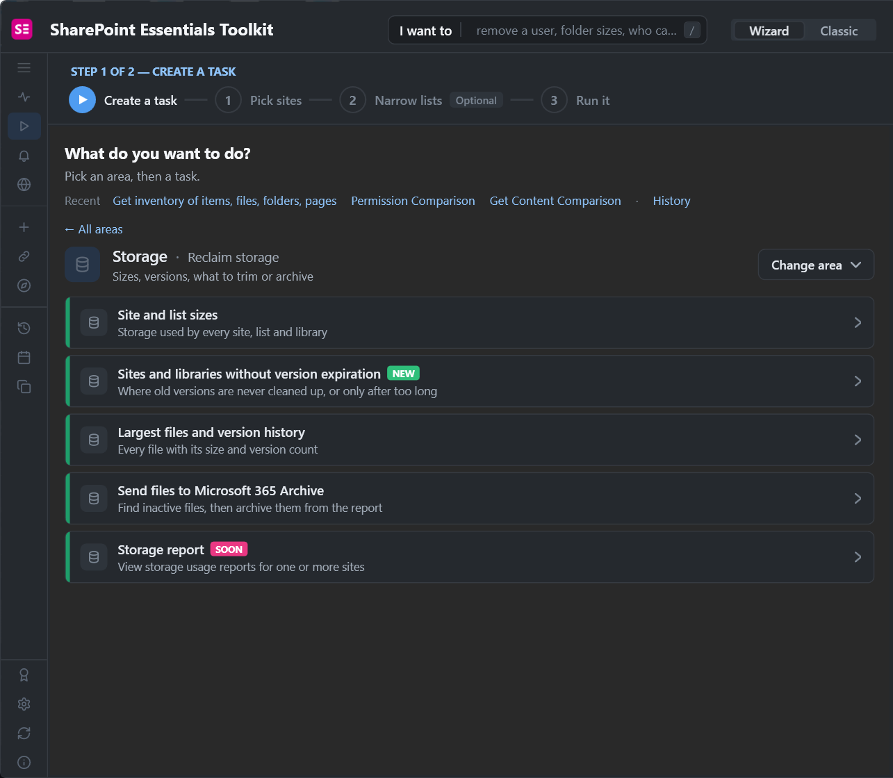 Storage area tasks: site and list sizes, sites and libraries without version expiration, largest files and version history, send files to Microsoft 365 Archive