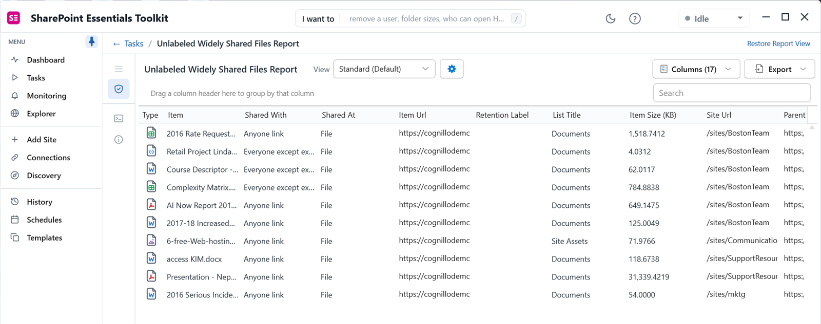 Unlabeled files widely shared in SharePoint: files with no sensitivity label open through Anyone links or Everyone except external users