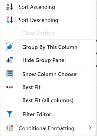 Report column menu with Filter Editor