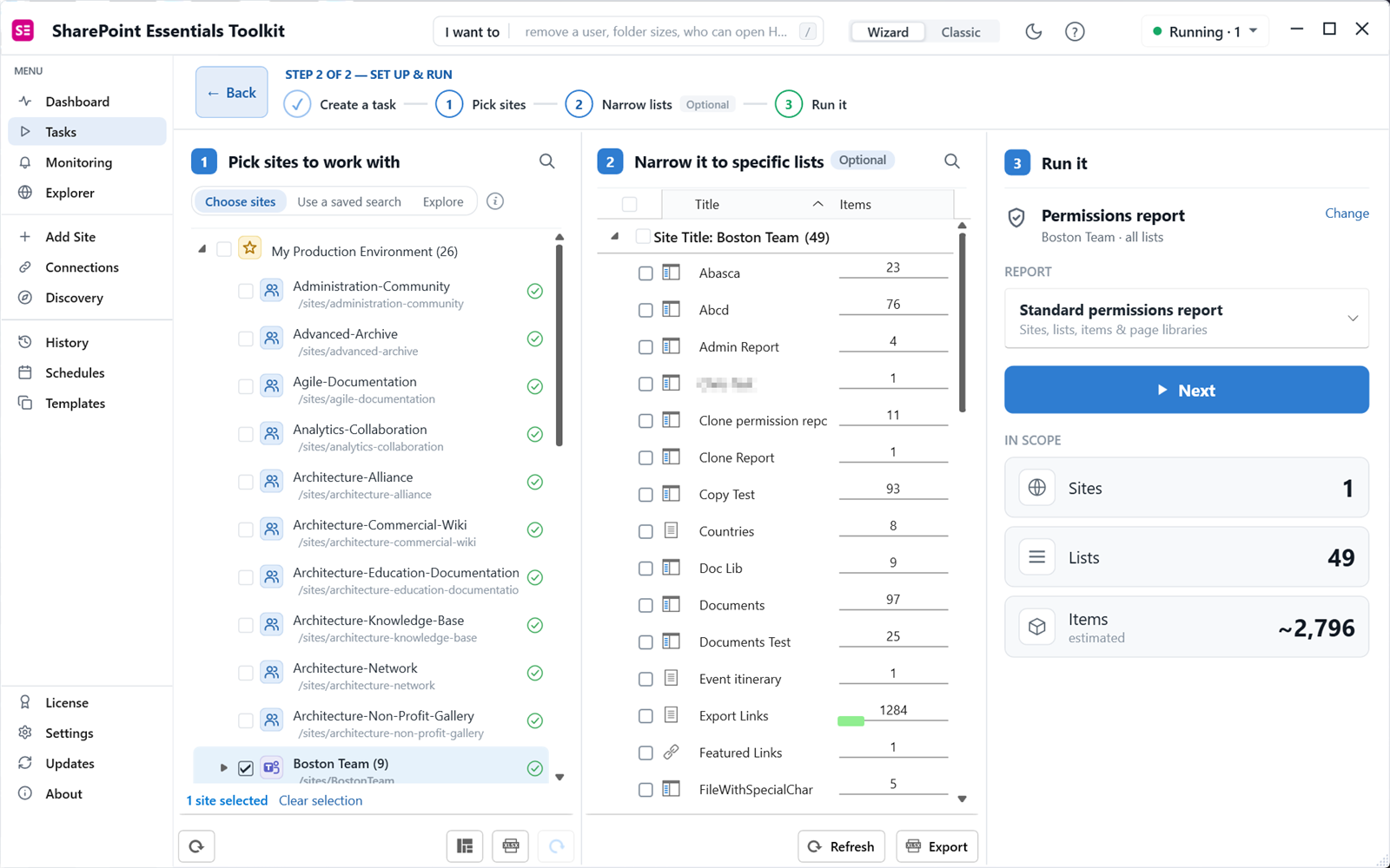 Selecting a SharePoint site and lists for a permissions report