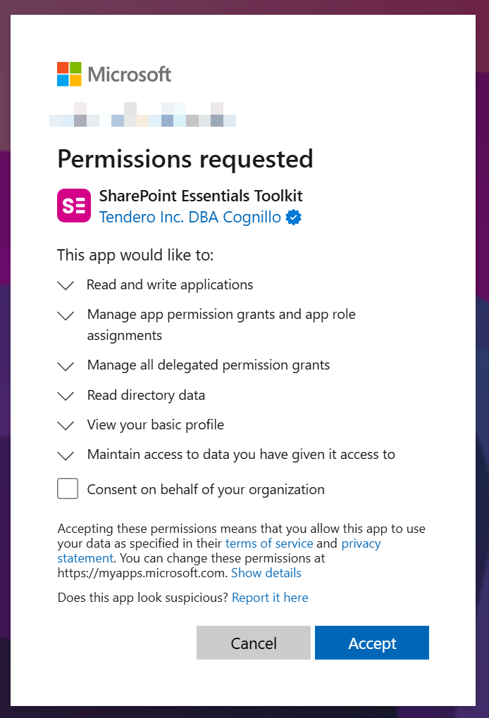 Second Microsoft consent screen for wizard setup permissions with organization-wide consent unchecked