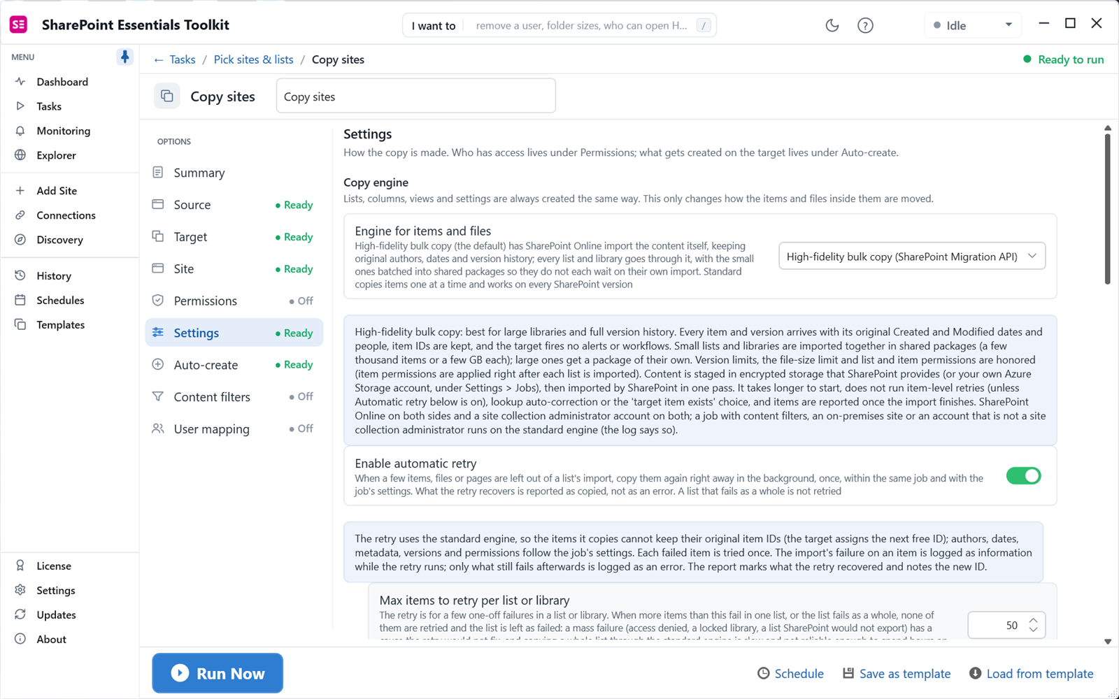 SharePoint Migration API copy engine setting: high-fidelity bulk copy with automatic retry